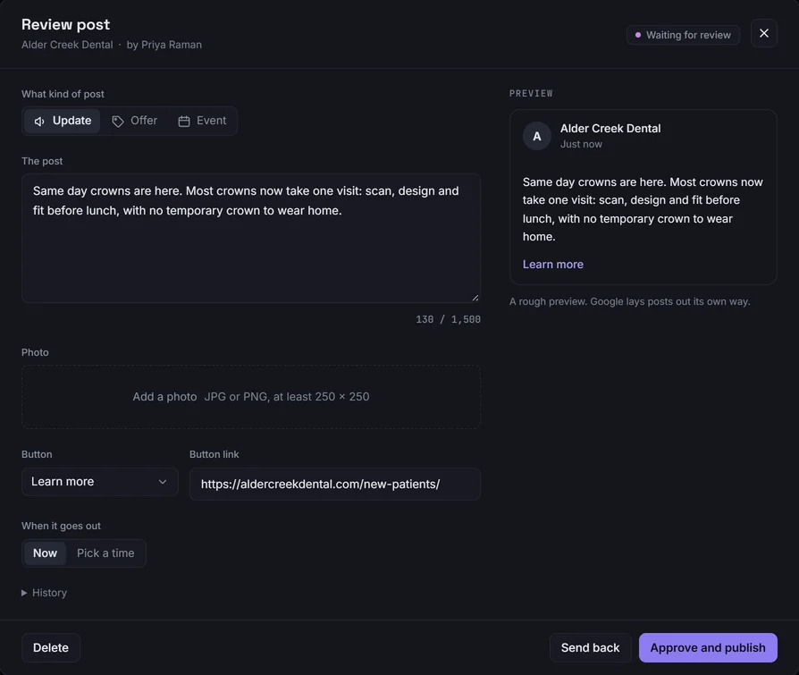 A Business Profile post waiting for review: the post text, a live preview of how it will look, a Learn more button with its link, and the choice to approve and publish or send it back.