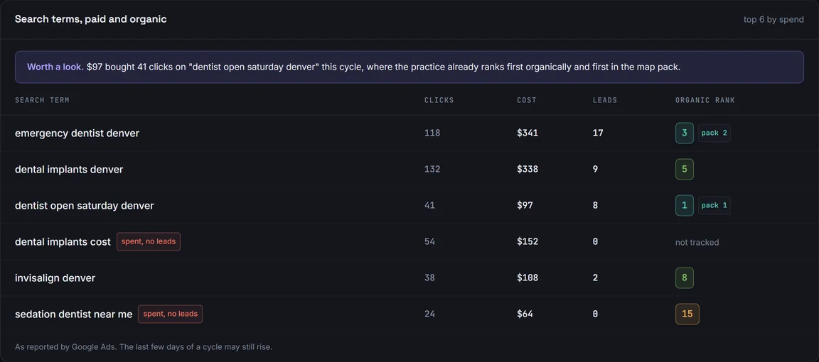 Search terms, paid and organic: each paid search term's clicks, cost and leads beside the organic rank Cairn tracks for it, with a note that the practice paid for clicks on a search it already ranks first for.